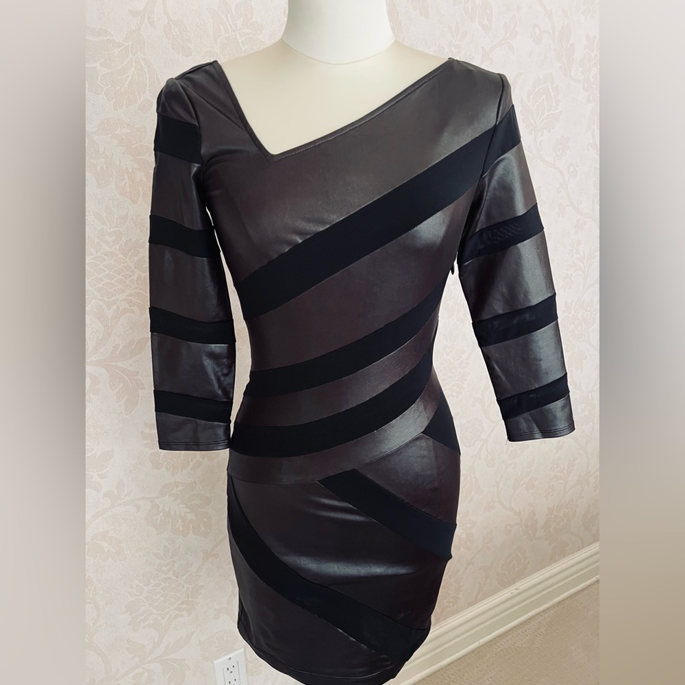 bebe Black, fitted dress w/ asymmetrical neckline